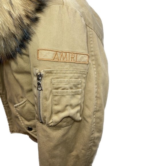 100% Authentic AMIRI Khaki Hooded Fur Bomber Jacket Size 46EU 36UK - Picture 4 of 12